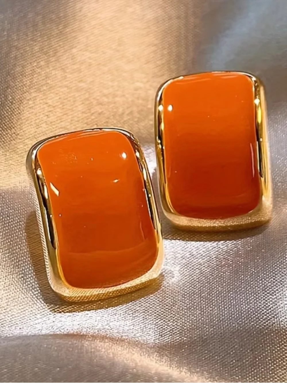 Gold-Tone Orange Rectangular Enamel Earrings - Picture 3 of 5